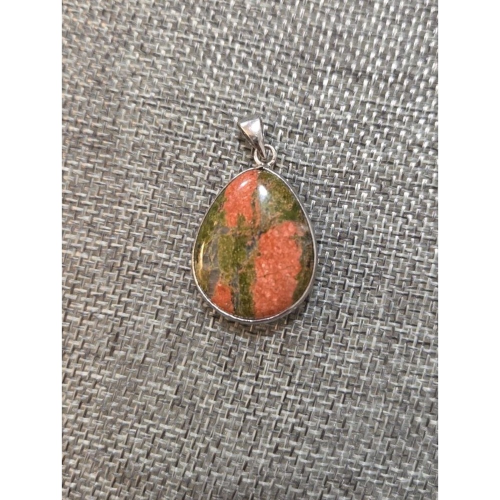 Natural Unakite Silver Tone Pendant - Double Sided Teardrop Shape 1 Inch